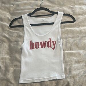 White Fitted Crop Tank Top with Brown Howdy Print